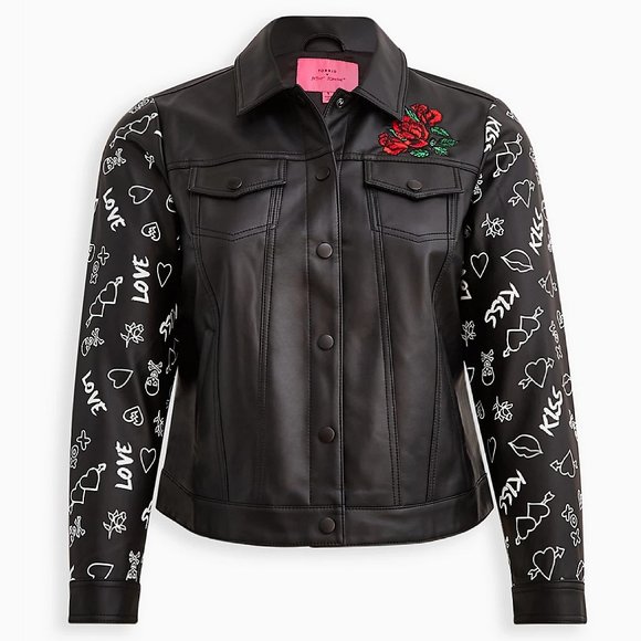 torrid Jackets & Blazers - Torrid BETSEY JOHNSON EMBROIDERED TRUCKER JACKET - FAUX LEATHER Size 5